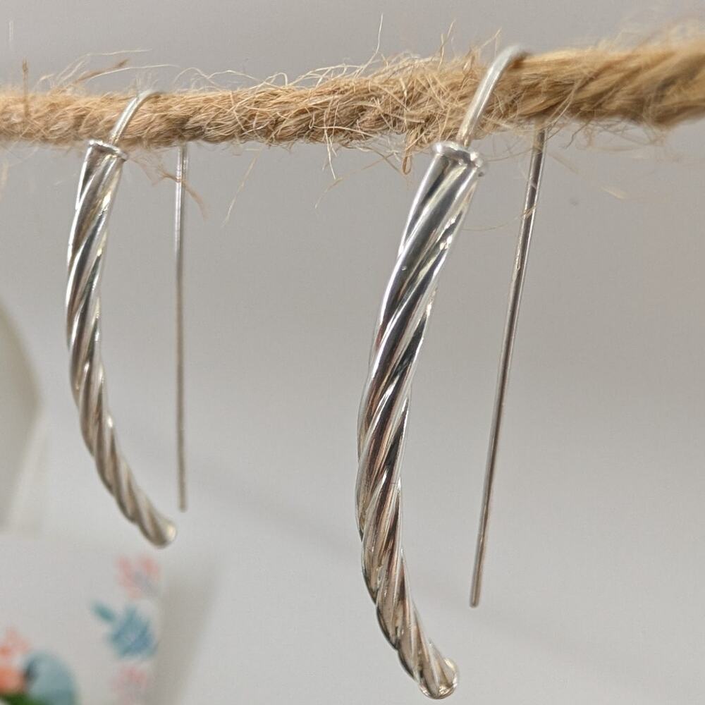 Italy 925 Sterling Silver Twisted Curved Bar Threader Drop Earrings